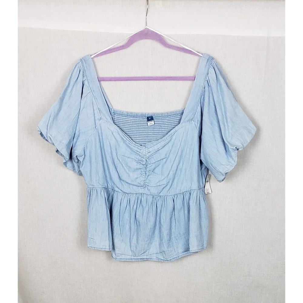 Old Navy Womens 2X Blue Cotton Puff Sleeve Peplum Blouse Smocked Back Summer
